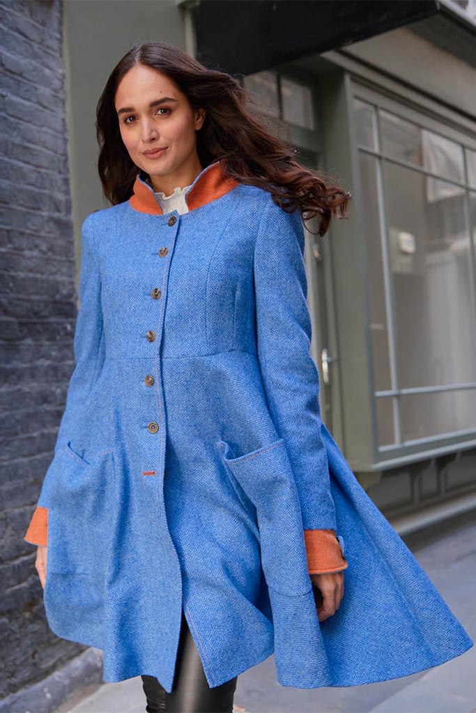 blue herringbone coat