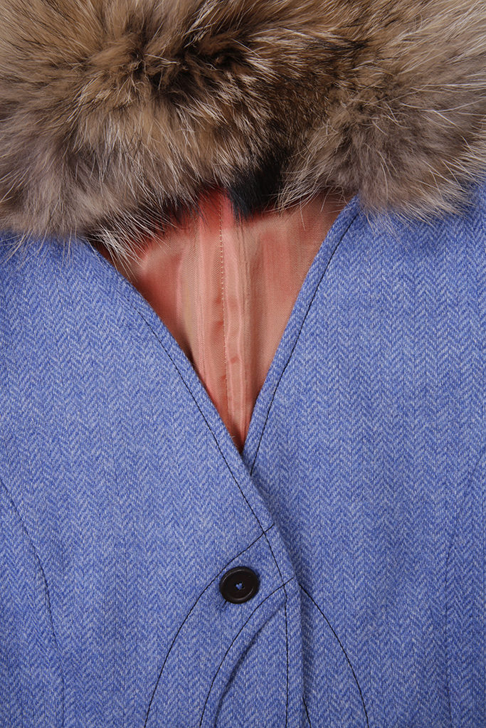Ladies V-Neck Gilet – Light Blue Herringbone Tweed with Indigo Pop – Made in England