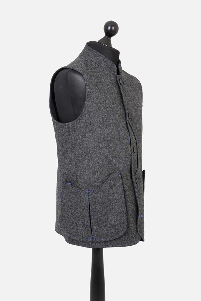 Mens Gilet – Charcoal Grey Donegal with Indigo Tweed Pop – Made in England