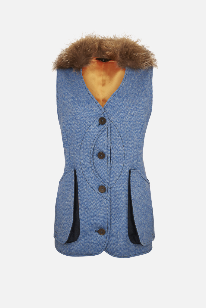 Ladies V-Neck Gilet – Light Blue Herringbone Tweed with Indigo Pop – Made in England