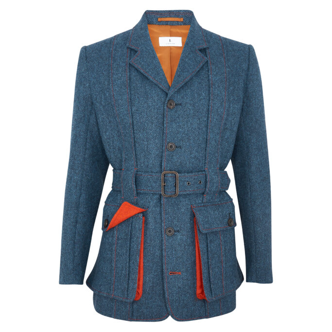Lucan Dandy Norfolk Jacket – Denim Blue Herringbone – Made in England