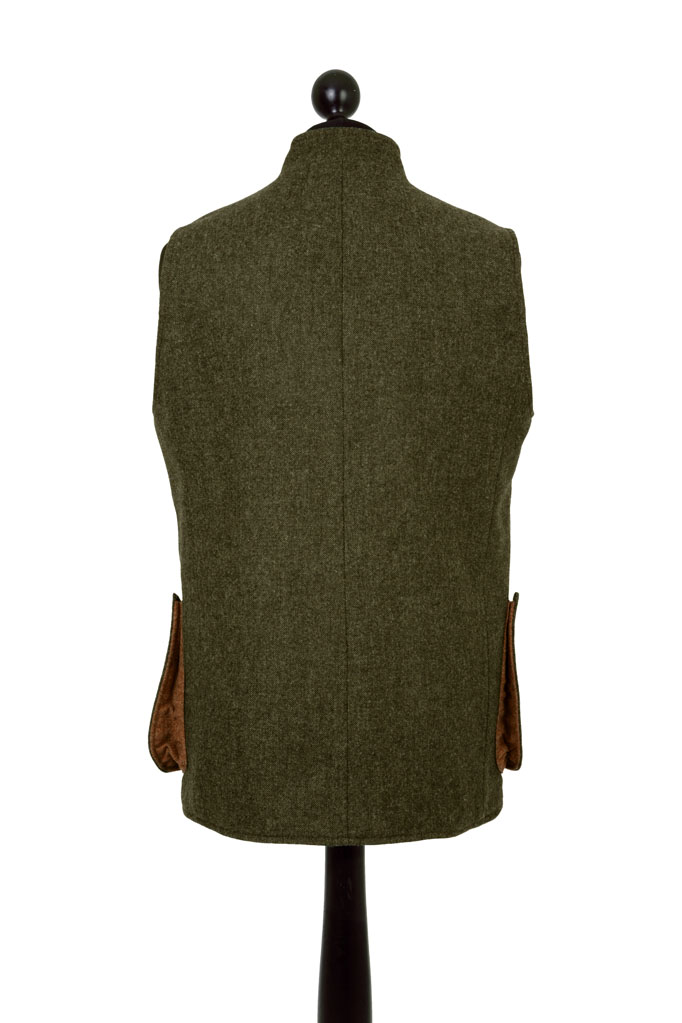 Mens Gilet – Loden Green Donegal with Ginger Brown Pop – Made in England