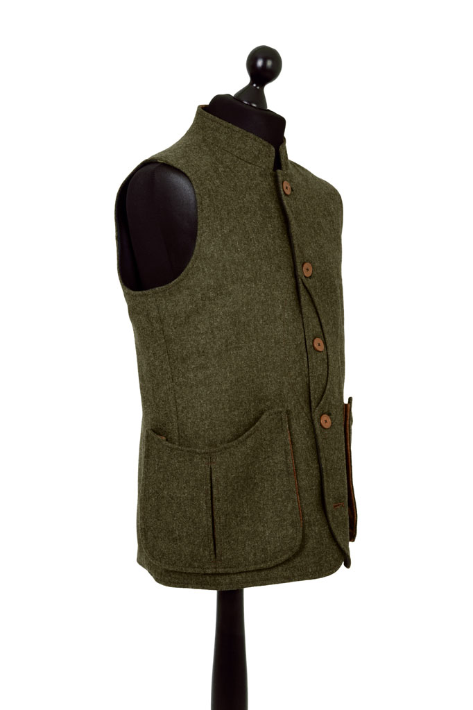 Mens Gilet – Loden Green Donegal with Ginger Brown Pop – Made in England
