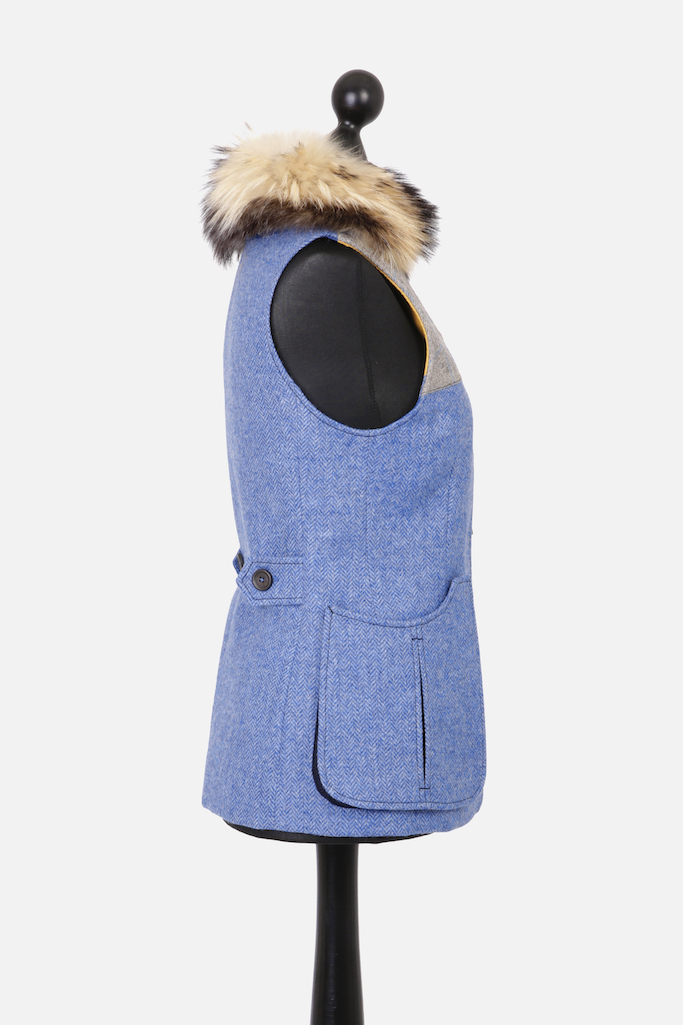 Ladies Shooting Gilet Vest in Light Blue Herringbone – Made in England – Award Winning Style
