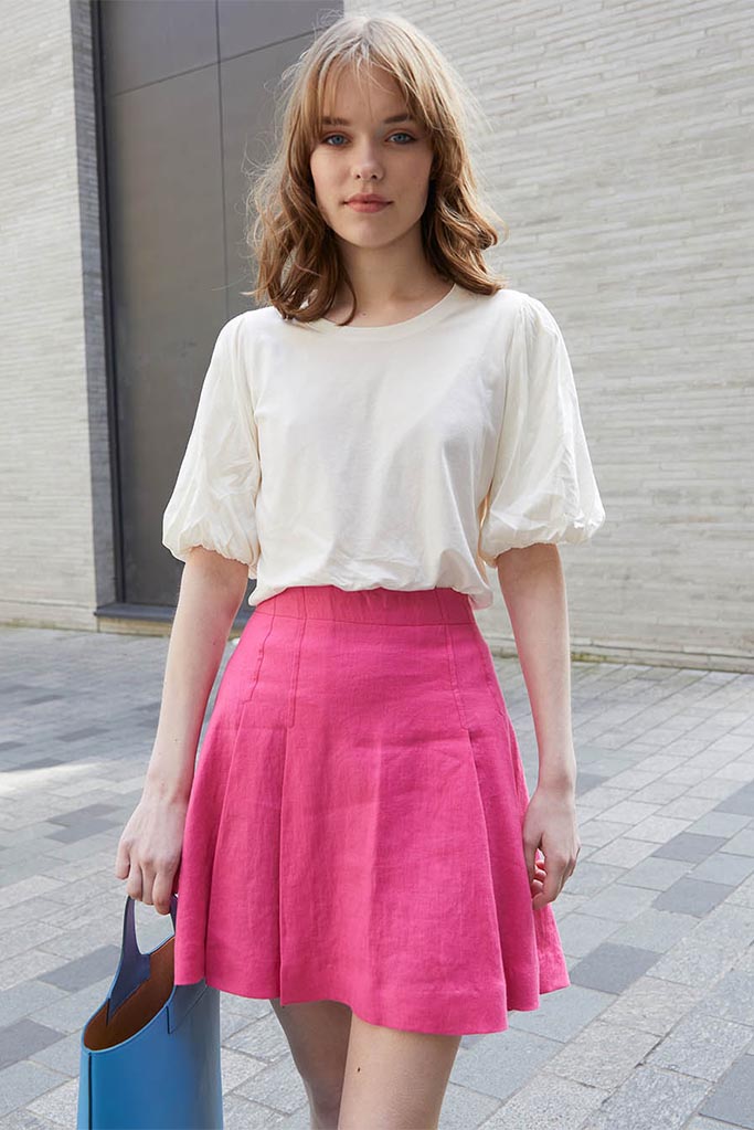 Ladies Pleated Mini Skirt | Luxury Mini Skirt in Fuchsia Linen
