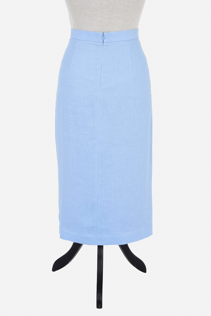 Ladies Thigh Split Pencil Skirt – Cool Blue Linen – Made in England