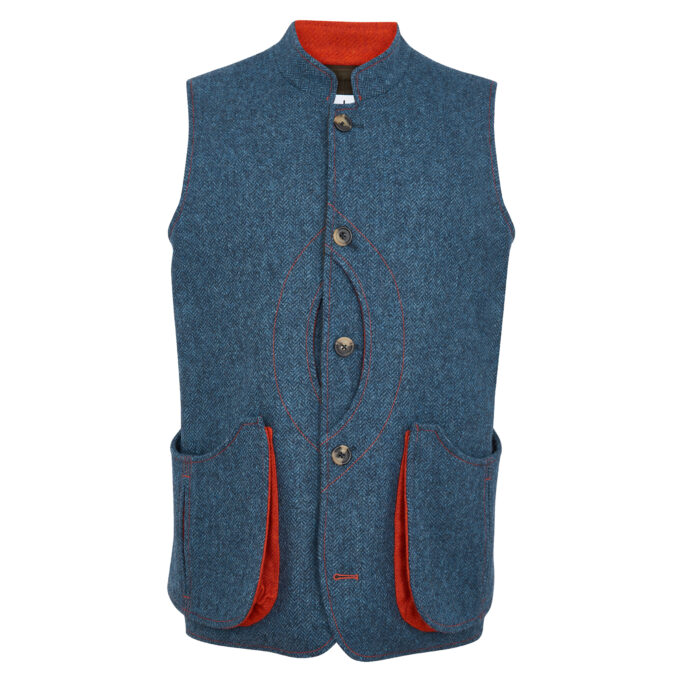 Shooting Gilet Vest – Dark Blue Denim Herringbone & Moleskin Lining – Made in England