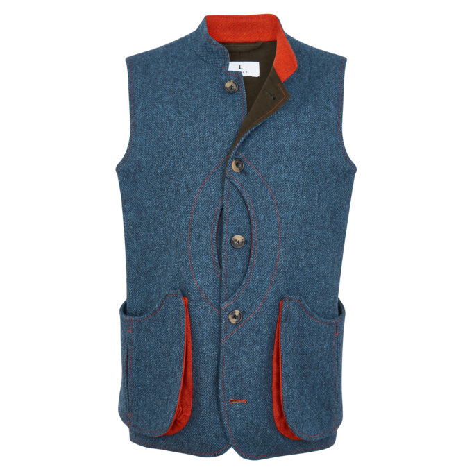 Shooting Gilet Vest – Dark Blue Denim Herringbone & Moleskin Lining – Made in England