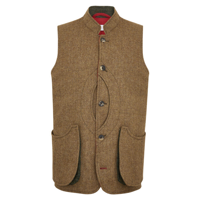 Shooting Gilet Vest – Brown Herringbone & Moleskin Lining – Made in England