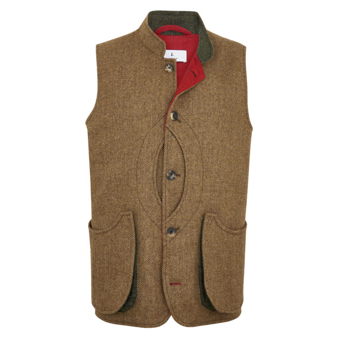Shooting Gilet Vest – Brown Herringbone & Moleskin Lining – Made in England