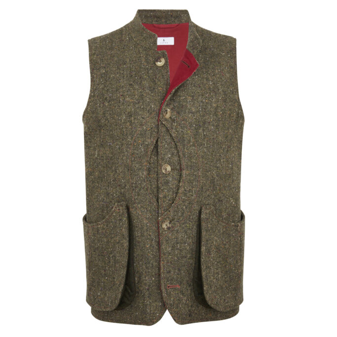 Shooting Gilet Vest – Donegal Tweed & Wine Moleskin Lining – Made in England